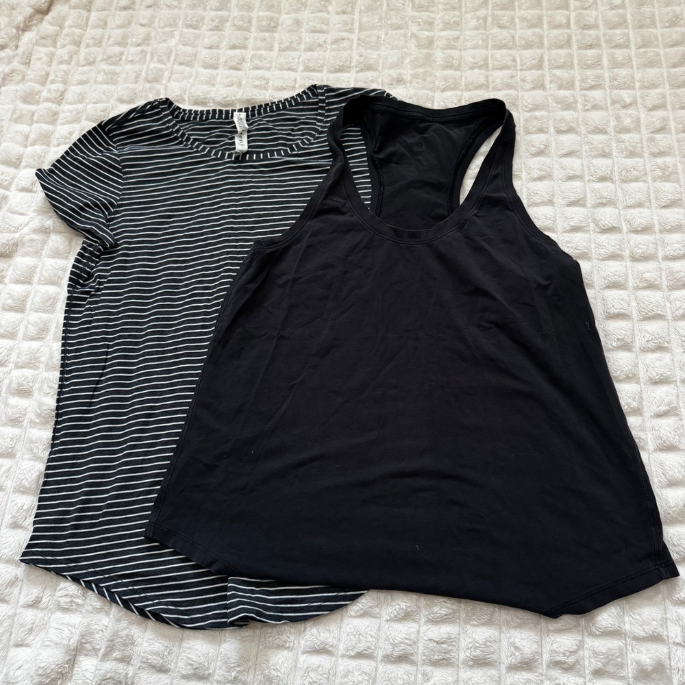 Lululemon 6 Lot of Two Tops Black Tank & Striped Tee Athletic Workout
